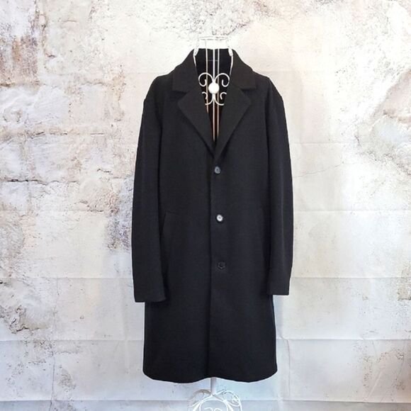 H&M classic style longcoat in black wool blend peacoat Women's Size L - Picture 1 of 11